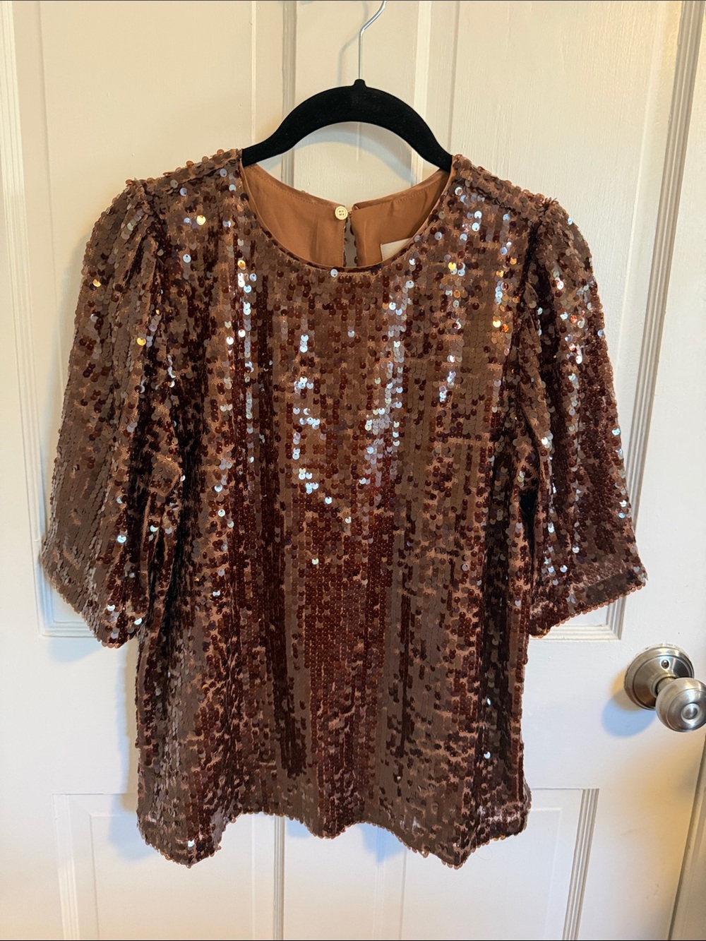 LOFT Bronze Sequin Puff Sleeve Top